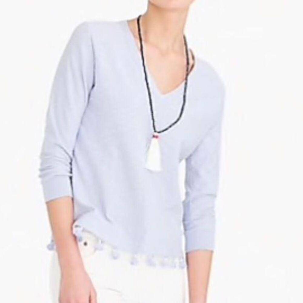 J crew light blue tassel bottom v neck top